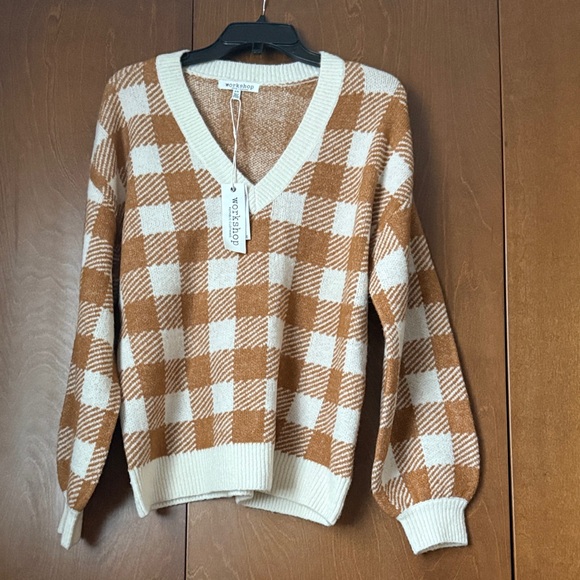 Workshop Republic Clothing Sweaters - Workshop V-Neck Checkered Sweater - Carmel Brown & Cream Ret $68 Sz M Soft
